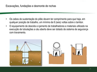 • Os cabos de sustentação do pilão devem ter comprimento para que haja, em
qualquer posição de trabalho, um mínimo de 6 (seis) voltas sobre o tambor.
• O equipamento de descida e içamento de trabalhadores e materiais utilizado na
execução de tubulações a céu aberto deve ser dotado de sistema de segurança
com travamento.
21
Escavações, fundações e desmonte de rochas
 