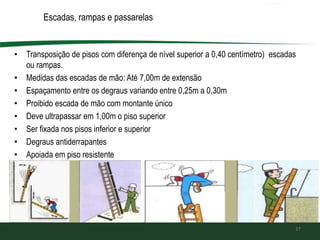 Escadas, rampas e passarelas
• Transposição de pisos com diferença de nível superior a 0,40 centímetro) escadas
ou rampas.
• Medidas das escadas de mão: Até 7,00m de extensão
• Espaçamento entre os degraus variando entre 0,25m a 0,30m
• Proibido escada de mão com montante único
• Deve ultrapassar em 1,00m o piso superior
• Ser fixada nos pisos inferior e superior
• Degraus antiderrapantes
• Apoiada em piso resistente
37
 