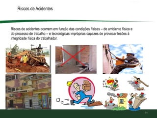 Riscos de Acidentes
64
Riscos de acidentes ocorrem em função das condições físicas – de ambiente físico e
do processo de trabalho – e tecnológicas impróprias capazes de provocar lesões à
integridade física do trabalhador.
 