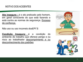 73
Ato inseguro : é o ato praticado pelo homem,
em geral consciente do que está fazendo e
está contra as normas de segurança. Excesso
de confiança.
Não uso ou uso incorreto dosEPI´S
Condição Insegura: é a condição do
ambiente de trabalho que oferece perigo e ou
risco ao trabalhador descomprimento e ou
desconhecimento dos padrões
MOTIVO DOS ACIDENTES
 