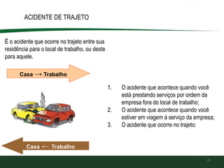 74
ACIDENTE DE TRAJETO
É o acidente que ocorre no trajeto entre sua
residência para o local de trabalho, ou deste
para aquele.
Casa → Trabalho
Casa ← Trabalho
1. O acidente que acontece quando você
está prestando serviços por ordem da
empresa fora do local de trabalho;
2. O acidente que acontece quando você
estiver em viagem à serviço da empresa;
3. O acidente que ocorre no trajeto:
 