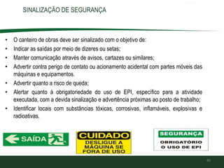 SINALIZAÇÃO DE SEGURANÇA
• O canteiro de obras deve ser sinalizado com o objetivo de:
• Indicar as saídas por meio de dizeres ou setas;
• Manter comunicação através de avisos, cartazes ou similares;
• Advertir contra perigo de contato ou acionamento acidental com partes móveis das
máquinas e equipamentos.
• Advertir quanto a risco de queda;
• Alertar quanto à obrigatoriedade do uso de EPI, específico para a atividade
executada, com a devida sinalização e advertência próximas ao posto de trabalho;
• Identificar locais com substâncias tóxicas, corrosivas, inflamáveis, explosivas e
radioativas.
80
 