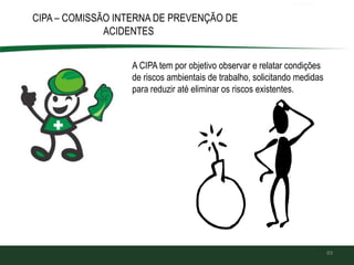 89
CIPA – COMISSÃO INTERNA DE PREVENÇÃO DE
ACIDENTES
A CIPA tem por objetivo observar e relatar condições
de riscos ambientais de trabalho, solicitando medidas
para reduzir até eliminar os riscos existentes.
 