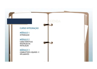 AGENDA AGENDA
CURSO INTEGRAÇÃO
MÓDULO 1
INTRODUÇÃO
MÓDULO 2
CARACTERÍSTICAS
DESCRIÇÃO DA
INSTALAÇÃO
MÓDULO 3
COMBUSTÍVEIS LÍQUIDOS E
INFLAMÁVEIS
 