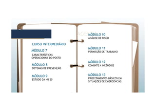 AGENDA AGENDA
MÓDULO 10
ANÁLISE DE RISCO
MÓDULO 11
PERMISSÃO DE TRABALHO
MÓDULO 12
COMBATE A INCÊNDIOS
MÓDULO 13
PROCEDIMENTOS BÁSICOS EM
SITUAÇÕES DE EMERGÊNCIAS
CURSO INTERMEDIÁRIO
MÓDULO 7
CARACTERÍSTICAS
OPERACIONAIS DO POSTO
MÓDULO 8
SISTEMAS DE PREVENÇÃO
MÓDULO 9
ESTUDO DA NR 20
 