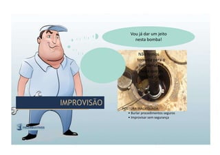 IMPROVISÃO
IMPROVISÃO
POSTURA INADEQUADA:
• Burlar procedimentos seguros
• Improvisar sem segurança
Vou já dar um jeito
nesta bomba!
Não temos
tomada para o
microondas?
Deixa que eu
resolvo isso!
 