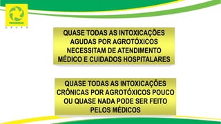 QUASE TODAS AS INTOXICAÇÕES
AGUDAS POR AGROTÓXICOS
NECESSITAM DE ATENDIMENTO
MÉDICO E CUIDADOS HOSPITALARES
QUASE TODAS AS INTOXICAÇÕES
CRÔNICAS POR AGROTÓXICOS POUCO
OU QUASE NADA PODE SER FEITO
PELOS MÉDICOS
 