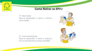 Como Retirar os EPI’s?
1º - Boné árabe
Deve-se desprender o velcro e retirá-lo
com cuidado.
2º - Viseira facial/óculos
Deve-se desprender o velcro e coloca-la
em um local de forma a evitar arranhões.
 