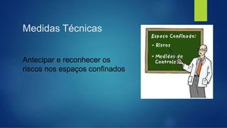 Medidas Técnicas
Antecipar e reconhecer os
riscos nos espaços confinados
 
