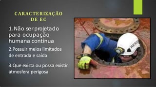 C ARAC TERIZAÇ ÃO
DE E C
1.Não serprojetado
para ocupação
humana contínua
2.Possuir meios limitados
de entrada e saída
3.Que exista ou possa existir
atmosfera perigosa
 