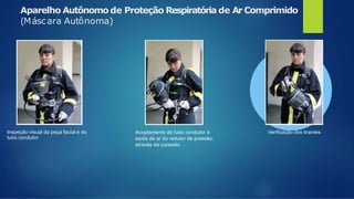 Aparelho Autônomo de Proteção Respiratória de Ar Comprimido
(Máscara Autônoma)
Inspeção visual da peça facial e do
tubo condutor
Acoplamento do tubo condutor à
saída de ar do redutor de pressão,
através da conexão
Verificação dos tirantes
 
