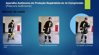 Aparelho Autônomo de Proteção Respiratória de Ar Comprimido
(Máscara Autônoma)
Método de vestir
Segurar o equipamento pelas
alças
Passar uma alça pelo ombro Em seguida, a outra alça
 