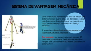 Uma coisa muito importante na hora de decidir qual
sistema montar: qual a altura útil do bloco? ou seja,
quantos metros de profundidade (no caso de um
poço ou outro espaço confinado) eu consigo
alcançar?
A resposta é: depende do sistema montado e da
quantidade de corda disponível.
Por exemplo: um homem caiu num poço de 20
metros de profundidade: Será possível efetuar o
resgate com uma corda de 50 metros utilizando um
sistema 4:1 ?
SI
ST
EMA DEVANT
AGEM MECÂNI
CA
 