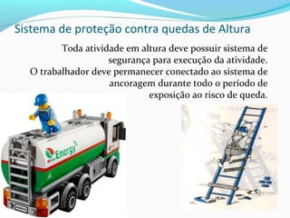 Sistema de proteção contra quedas de Altura
Toda atividade em altura deve possuir sistema de
segurança para execução da atividade.
O trabalhador deve permanecer conectado ao sistema de
ancoragem durante todo o período de
exposição ao risco de queda.

 