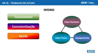 FATORES
Treinamento
Conscientização
Saúde Fator Físico Equipamento
Fator Humano
NR 35 – TRABALHO EM ALTURA
 
