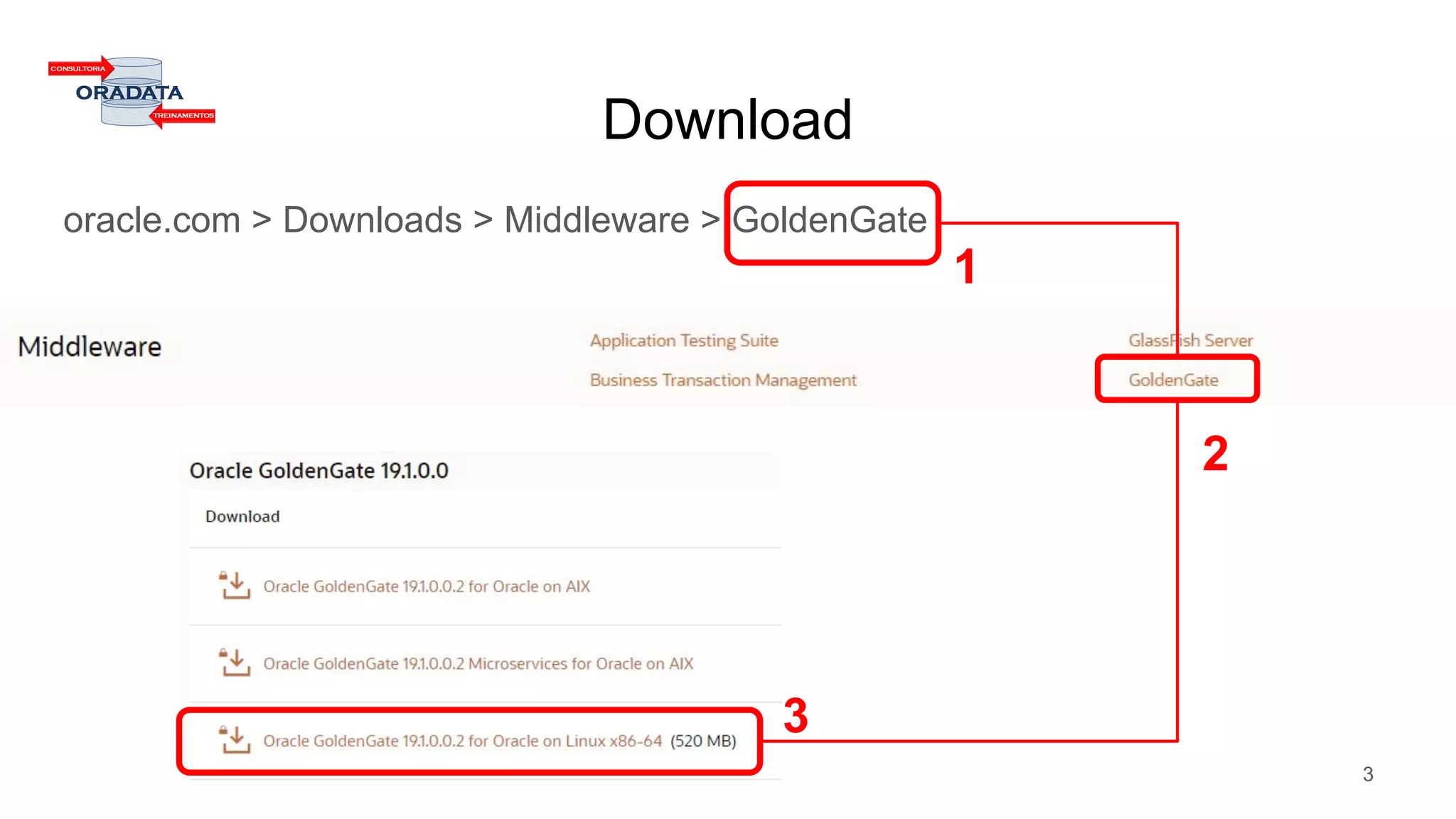 Download
oracle.com > Downloads > Middleware > GoldenGate
3
1
2
3
 