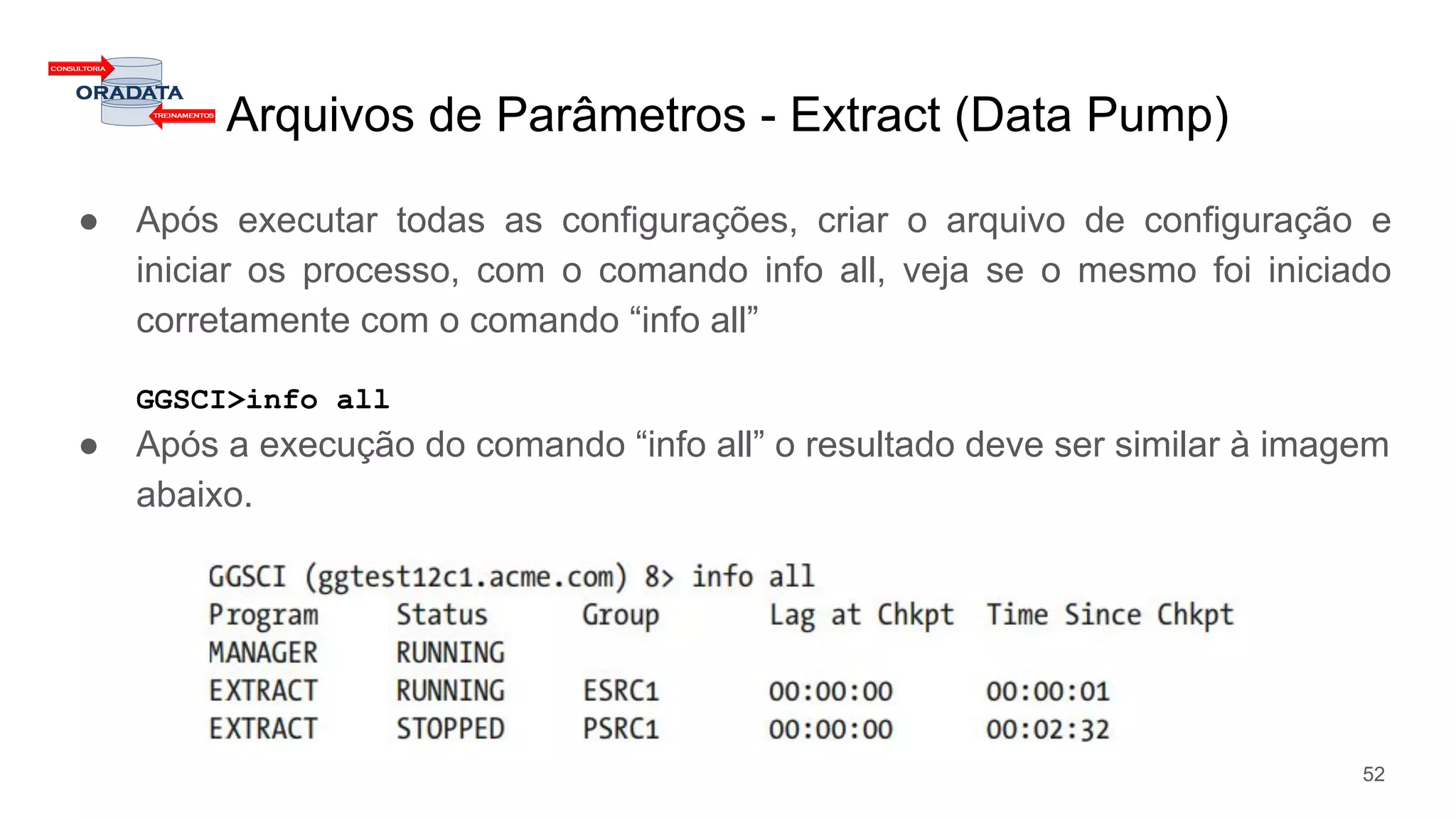 Arquivos de Parâmetros - Extract (Data Pump)
● Após executar todas as configurações, criar o arquivo de configuração e
iniciar os processo, com o comando info all, veja se o mesmo foi iniciado
corretamente com o comando “info all”
GGSCI>info all
● Após a execução do comando “info all” o resultado deve ser similar à imagem
abaixo.
52
 