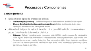 Capture (extract):
● Existem dois tipos de processos extract:
○ Initial load (carga inicial): Coleta um conjunto de dados estático do servidor de origem.
○ Change Synchronization (sincronização contínua): Coleta contínua de dados para
replicação entre servidores de origem e destino.
● Além de dois tipos de extract, também há a possibilidade de cada um deles
poder trabalhar de dois modos distintos:
○ Clássico: Default, completamente controlado pelo GGSCI, porém quando for necessário
fazer alguma análise de performance, é necessário se analisar pelo sistema operacional com
ferramentas como sar, mpstat, iostat, top, free entre outros. Além disso é preciso considerar
que cada um desses processos irá consumir algo entre 25MB à 55MB (por processo) a partir
da memória física do servidor.
Processos / Componentes
21
 