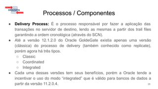 Processos / Componentes
● Delivery Process: É o processo responsável por fazer a aplicação das
transações no servidor de destino, lendo as mesmas a partir dos trail files
garantindo a ordem cronológica (através do SCN).
● Até a versão 12.1.2.0 do Oracle GoldeGate existia apenas uma versão
(clássica) do processo de delivery (também conhecido como replicate),
porém agora há três tipos.
○ Classic
○ Coordinated
○ Integrated
● Cada uma dessas versões tem seus benefícios, porém a Oracle tende a
incentivar o uso do modo “integrated” que é válido para bancos de dados a
partir da versão 11.2.0.4. 25
 