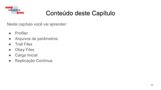 Conteúdo deste Capítulo
Neste capítulo você vai aprender:
● Profiler
● Arquivos de parâmetros
● Trail Files
● Obey Files
● Carga Inicial
● Replicação Contínua
33
 