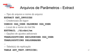 Arquivos de Parâmetros - Extract
-- Tipo do arquivo e nome do arquivo
EXTRACT EXT_INVOICES
-- Credenciais de logon
USERID OGG_USER PASSWORD OGG_USER
-- Local de e nome do trail file
EXTTRAIL ./dirdat/ex
-- Opções de ajustes adicionais
TRANLOGOPTIONS EXCLUDEUSER OGG_USER
TRANLOGOPTIONS DBLOGREADER
…
-- Tabela(s) da replicação
TABLE APP_TEST.INVOICES; 47
 