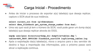 Carga Inicial - Procedimento
● Antes de iniciar o processo de exportar a(s) tabela(s) que deseja replicar,
capture o SCN atual de sua instância.
select current_scn from (g)v$database;
select dbms_flashback.get_system_change_number from dual;
● Uma vez que você já tem o número do SCN, você pode gerar um dump da(a)
tabela(s) que deseja replicar através do OGG.
expdp user/pass direcotory=dump_dir dumpfile=tables.dmp 
tables=APP_TEST.INVOICES flashback_scn=1234 logfile=exp_tables.log
● Após a exportação da(s) tabelas(s), mova o arquivo para o seu servidor de
destino e faça a importação das informações, pois o próximo passo será
ativar a replicação contínua.
54
 
