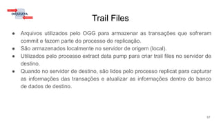 Trail Files
● Arquivos utilizados pelo OGG para armazenar as transações que sofreram
commit e fazem parte do processo de replicação.
● São armazenados localmente no servidor de origem (local).
● Utilizados pelo processo extract data pump para criar trail files no servidor de
destino.
● Quando no servidor de destino, são lidos pelo processo replicat para capturar
as informações das transações e atualizar as informações dentro do banco
de dados de destino.
57
 