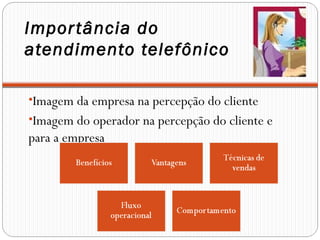 Importância do
atendimento telefônico
•Imagem da empresa na percepção do cliente
•Imagem do operador na percepção do cliente e
para a empresa
 