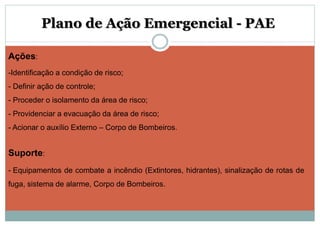 Ações:
-Identificação a condição de risco;
- Definir ação de controle;
- Proceder o isolamento da área de risco;
- Providenciar a evacuação da área de risco;
- Acionar o auxílio Externo – Corpo de Bombeiros.
Suporte:
- Equipamentos de combate a incêndio (Extintores, hidrantes), sinalização de rotas de
fuga, sistema de alarme, Corpo de Bombeiros.
Plano de Ação Emergencial - PAE
 