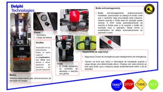 Timão
• O Timão concentra
os controles de
elevação e descida
dos garfos.
Botão anti-esmagamento
• Botão anti-esmagamento anatomicamente
modelado, posicionado na cabeça do timão, evita
que o operador seja encurralado pela máquina,
mesmo quando o timão está em posição quase
vertical. A EGV muda automaticamente da
marcha à frente para a ré quando o botão de
reversão toca o operador. Desta forma a
empilhadeira se afasta automaticamente do
operador e para.
Dispositivos de segurança
• Segurança Chave de emergência para desligamento de emergência.
• Sensor na torre que reduz a velocidade de translação quando a
carga atinge uma determinada altura. Chassis com saia próxima ao
solo para evitar que a máquina passe acidentalmente sobre o pé do
operador.
Painel
• Horímetro;
• Carga da bateria
Giroflex:
Sinalizador de luz
intermitente,
fixada na parte
superior
da empilhadeira
que serve para
alertar e avisar
pedestres da
presença do
veículo industrial
Mastro
Sistema responsável pelo direcionamento da
elevação de cargas.
 