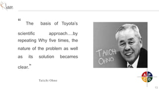 13
“ The basis of Toyota’s
scientific approach….by
repeating Why five times, the
nature of the problem as well
as its solution becames
clear.”
Taiichi Ohno
 
