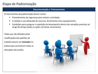 Etapa de Padronização
Documentação e Treinamentos
Os documentos de padronização devem conter:
 Procedimentos de segurança para realizar a atividade;
 A seleção e uso adequado de recursos, ferramentas e/ou equipamentos;
 Condições para assegurar a repetição do desempenho dentro das variações previstas ao
longo do tempo (todas as ações corretivas necessárias).
Todos que são afetados pelas
modificações dos padrões de
trabalho devem ser treinados na
prática para assimilarem todas as
alterações das tarefas.
 