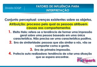 FATORES DE INFLUÊNCIA PARA
INTERPRETAÇÃO
Divisão SOQP
Conjunto perceptual: crenças existentes sobre os objetos.
Atribuição: processo pelo qual as pessoas atribuem
causas aos comportamentos
1. Efeito Halo: refere-se a tendência de formar uma impressão
geral sobre uma pessoa baseado em uma única
característica. Não precisa ser uma característica positiva.
2. Erro de similaridade: pessoas que são similar a nós, vão se
comportar como a gente.
3. Erro de primeira impressão.
4. Profecia auto realizadora: tendência de criar uma situação
que se espera encontrar.
 