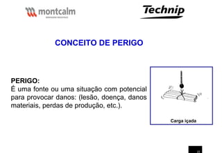 23
CONCEITO DE PERIGO
PERIGO:
É uma fonte ou uma situação com potencial
para provocar danos: (lesão, doença, danos
materiais, perdas de produção, etc.).
Carga içada
 