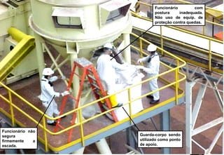 53
Funcionário com
postura inadequada.
Não uso de equip. de
proteção contra quedas.
Funcionário não
segura
firmemente a
escada.
Guarda-corpo sendo
utilizado como ponto
de apoio.
 