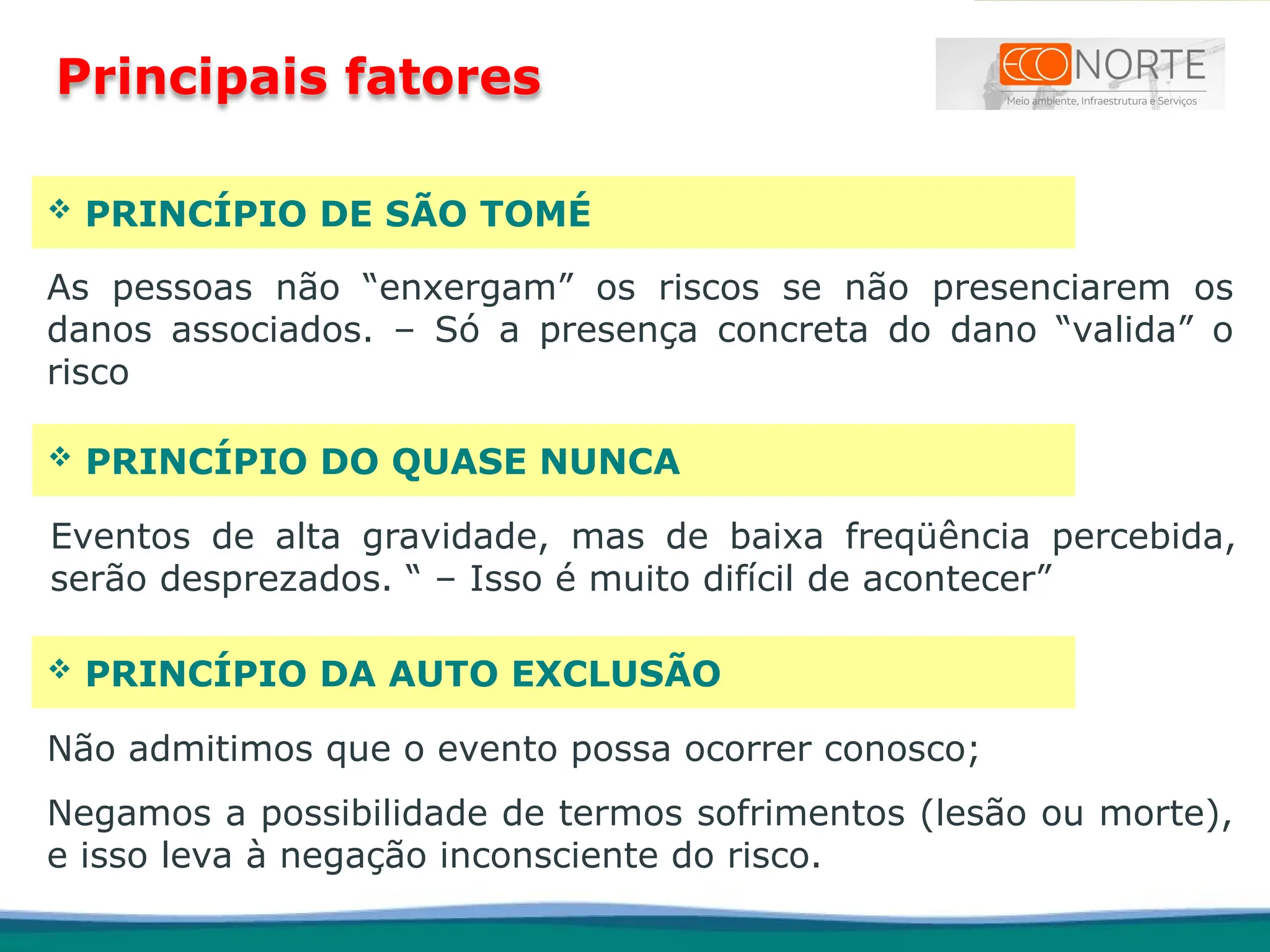 Principais fatores
 PRINCÍPIO DE SÃO TOMÉ
As pessoas não “enxergam” os riscos se não presenciarem os
danos associados. – Só a presença concreta do dano “valida” o
risco
 PRINCÍPIO DO QUASE NUNCA
Eventos de alta gravidade, mas de baixa freqüência percebida,
serão desprezados. “ – Isso é muito difícil de acontecer”
 PRINCÍPIO DA AUTO EXCLUSÃO
Não admitimos que o evento possa ocorrer conosco;
Negamos a possibilidade de termos sofrimentos (lesão ou morte),
e isso leva à negação inconsciente do risco.
 