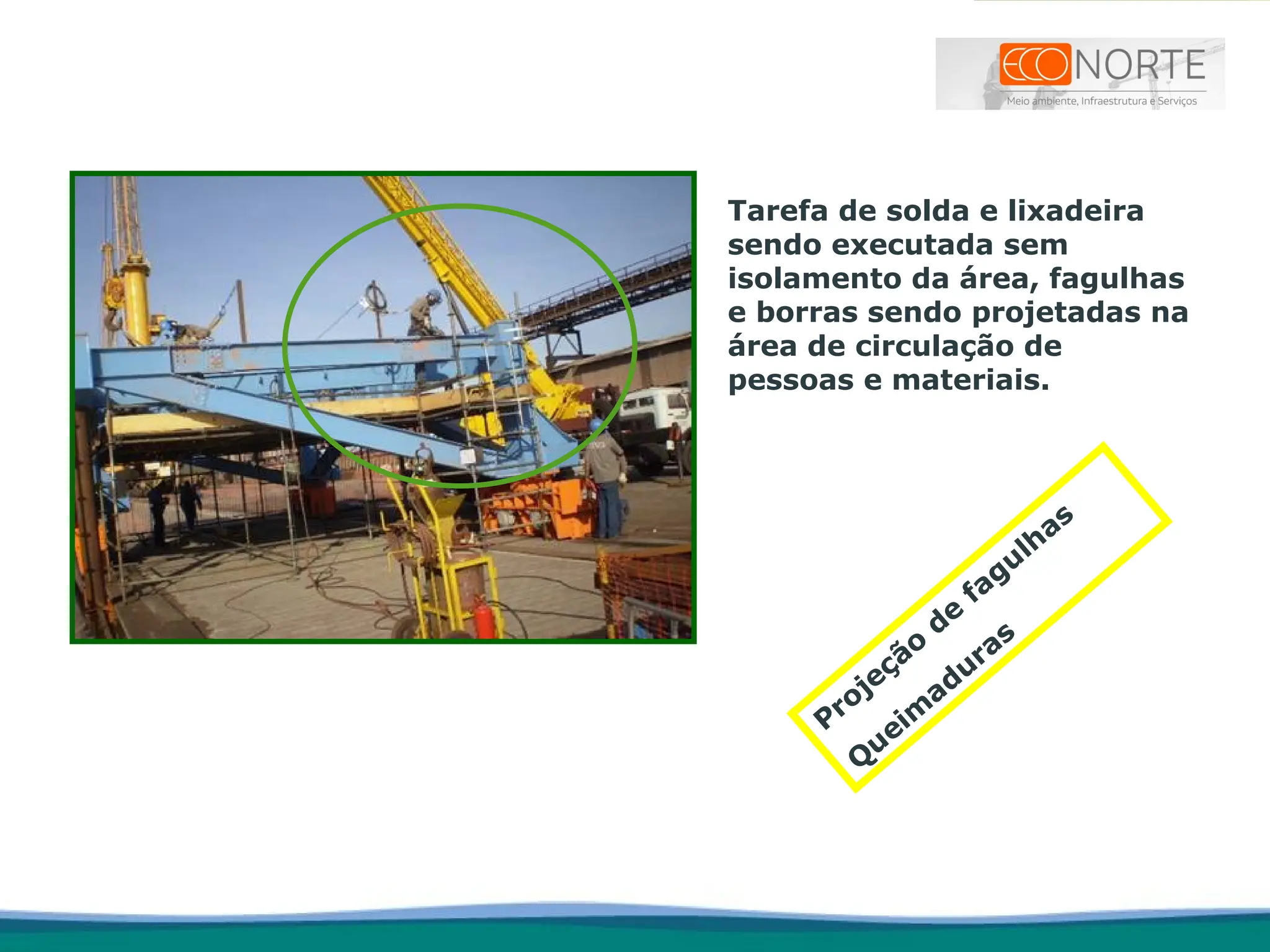 Tarefa de solda e lixadeira
sendo executada sem
isolamento da área, fagulhas
e borras sendo projetadas na
área de circulação de
pessoas e materiais.
Projeção
de
fagulhas
Q
ueim
aduras
 