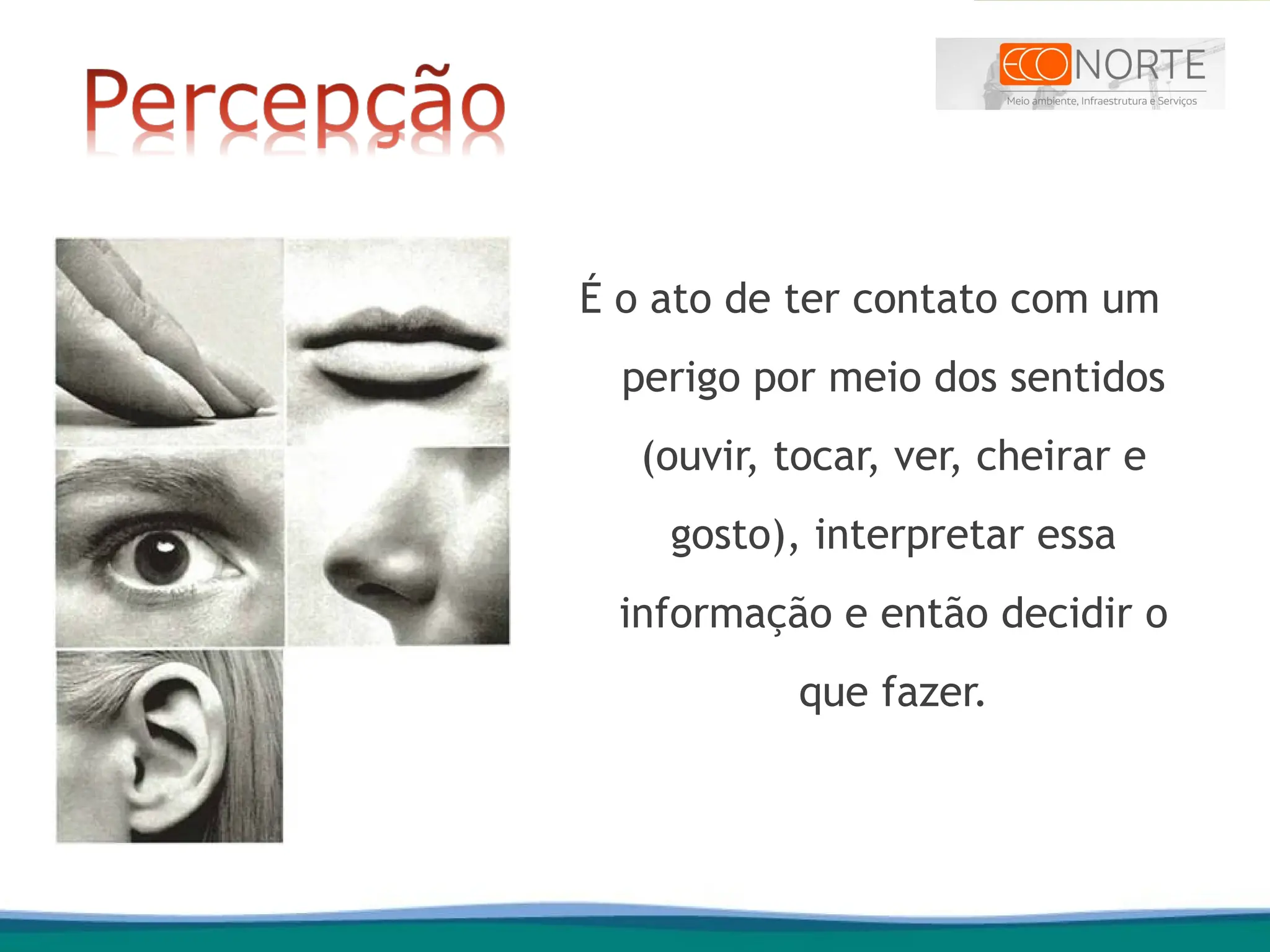 É o ato de ter contato com um
perigo por meio dos sentidos
(ouvir, tocar, ver, cheirar e
gosto), interpretar essa
informação e então decidir o
que fazer.
 