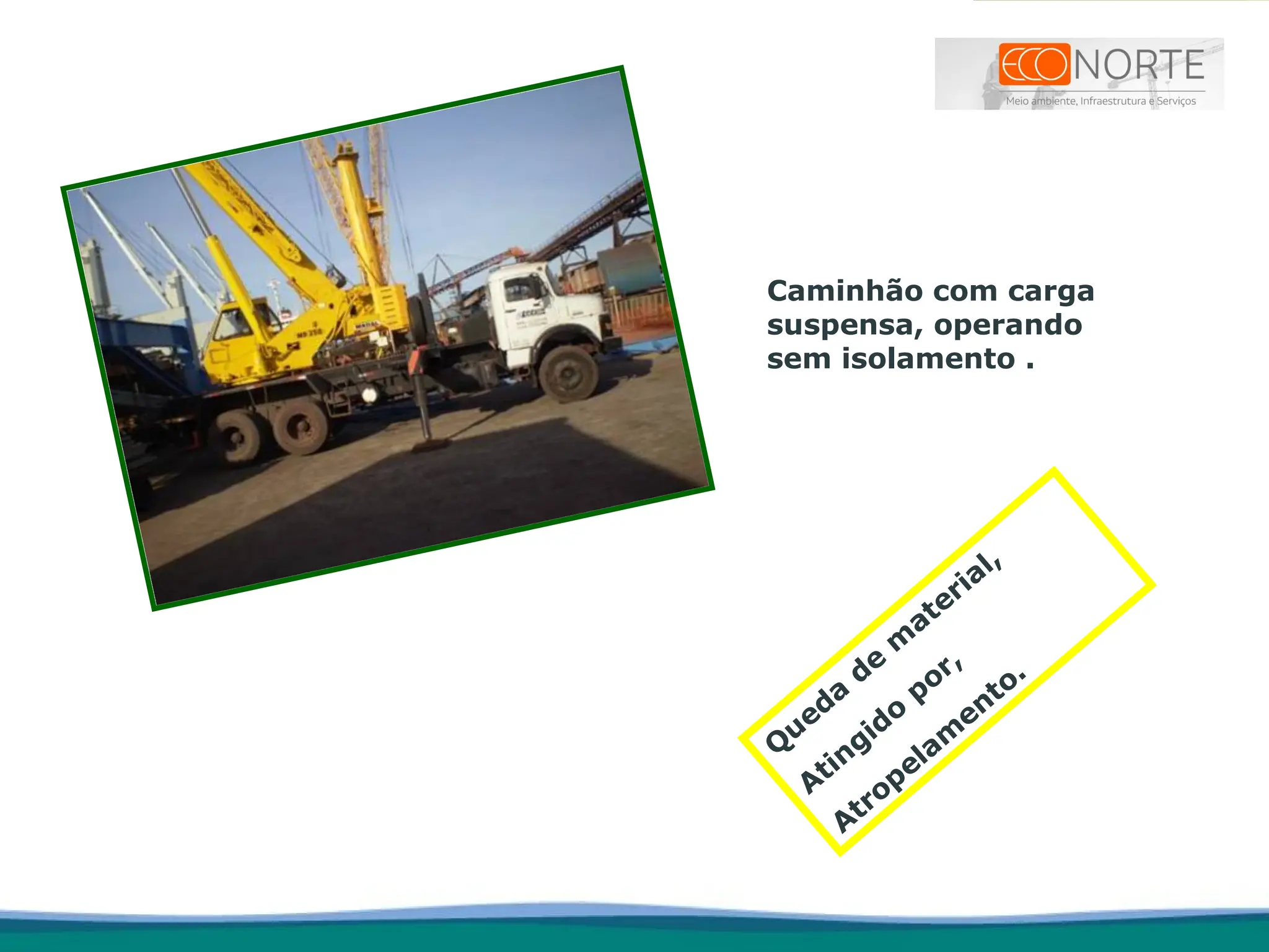 Caminhão com carga
suspensa, operando
sem isolamento .
Q
ueda
de
m
aterial,
A
tingido
por,
A
tropelam
ento.
 