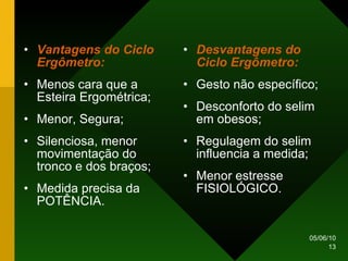 Vantagens do Ciclo Ergômetro: Menos cara que a Esteira Ergométrica; Menor, Segura; Silenciosa, menor movimentação do tronco e dos braços; Medida precisa da POTÊNCIA. Desvantagens do Ciclo Ergômetro: Gesto não específico; Desconforto do selim em obesos; Regulagem do selim influencia a medida; Menor estresse FISIOLÓGICO. 