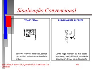 SEGURANÇA NA UTILIZAÇÃO DE PONTES ROLANTES Aut:
Carnaúba
Sinalização Convencional
PARADA TOTAL
Estender os braços na vertical, com os
dedos voltados para cima, e se colocar
imóvel.
DESLOCAMENTO DA PONTE
Com o braço estendido e a mão aberta
e um pouco levantada, fazer movimento
de empurrar, direção do deslocamento.
 