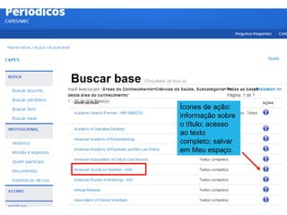 19/08/2016
Ícones de ação:
informação sobre
o título; acesso
ao texto
completo; salvar
em Meu espaço.
 