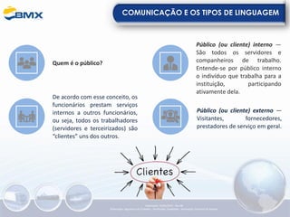 COMUNICAÇÃO E OS TIPOS DE LINGUAGEM
Quem é o público?
Público (ou cliente) interno —
São todos os servidores e
companheiros de trabalho.
Entende-se por público interno
o indivíduo que trabalha para a
instituição, participando
ativamente dela.
De acordo com esse conceito, os
funcionários prestam serviços
internos a outros funcionários,
ou seja, todos os trabalhadores
(servidores e terceirizados) são
“clientes” uns dos outros.
Público (ou cliente) externo —
Visitantes, fornecedores,
prestadores de serviço em geral.
Elaboração: 23/05/2022 - Rev.00
Elaboração: Segurança do Trabalho - Verificação: Qualidade - Aprovação: Diretoria de Suporte
 