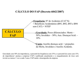 CÁLCULO DO FAP (Decreto 6042/2007)
CÁLCULO
FAP
Frequência: Nº de Acidentes (CAT’S)
+ Benefícios Acidentários (B91, B92, B93 e B94
sem CAT) + NTEP
Gravidade: Pesos diferenciados: Morte –
50%; Invalidez – 30%; Aux. Doenças/Acid. –
10%
Custo: Auxílio doenças acid. + projeções
da Morte, Invalidez e Auxilio Acidente.
Gravidade com 50% de importância, o percentil de freqüência com 35% e o percentil de custo com 15%
de importância= pontua a empresa/ FAP é publicado anualmente e o enquadramento de risco será
revisto ao menos 1 vez a cada 3 anos. FAP mede o desempenho da empresa
 
