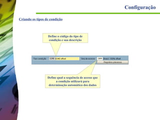 Configuração
Criando os tipos de condição

Define o código do tipo de
condição e sua descrição

Define qual a sequência de acesso que
a condição utilizará para
determinação automática dos dados

 