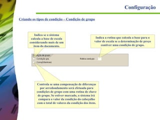 Configuração
Criando os tipos de condição – Condição de grupo

Indica se o sistema
calcula a base de escala
considerando mais de um
item do documento.

Indica a rotina que calcula a base para o
valor de escala se a determinação de preço
contiver uma condição de grupo.

Controla se uma compensação de diferenças
por arredondamento será efetuada para
condições de grupo com uma rotina de chave
de grupo. Se estiver marcado, o sistema irá
compara o valor da condição do cabeçalho
com o total de valores da condição dos itens.

 