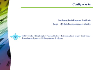 Configuração

Configuração do Esquema de cálculo
Passo 1 : Definindo esquemas para clientes

Caminh
o

IMG > Vendas e Distribuição > Funções Básicas > Determinação de preço > Controle da
determinação de preço > Definir esquema de clientes

 