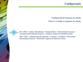 Configuração

Configuração do Esquema de cálculo
Passo 5 : Criando os esquemas de cálculo

Caminh
o

SD = IMG > Vendas e Distribuição > Funções Básicas > Determinação de preço >
Controle da determinação de preço > Atualizar esquema de cálculo de custos
MM = IMG > Administração de materiais > Compras > Condições > Determinar
determinação de preço > Determinar esquema de cálculo de custos

 