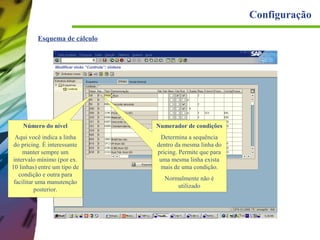 Configuração
Esquema de cálculo

Número do nível

Numerador de condições

Aqui você indica a linha
do pricing. É interessante
manter sempre um
intervalo mínimo (por ex.
10 linhas) entre um tipo de
condição e outra para
facilitar uma manutenção
posterior.

Determina a sequência
dentro da mesma linha do
pricing. Permite que para
uma mesma linha exista
mais de uma condição.
Normalmente não é
utilizado

 