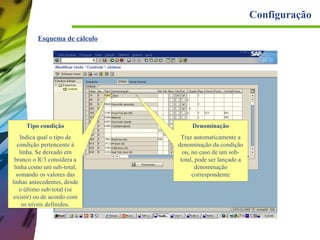 Configuração
Esquema de cálculo

Tipo condição

Denominação

Indica qual o tipo de
condição pertencente à
linha. Se deixado em
branco o R/3 considera a
linha como um sub-total,
somando os valores das
linhas antecedentes, desde
o último sub-total (se
existir) ou de acordo com
os níveis definidos.

Traz automaticamente a
denominação da condição
ou, no caso de um sobtotal, pode ser lançado a
denominação
correspondente

 